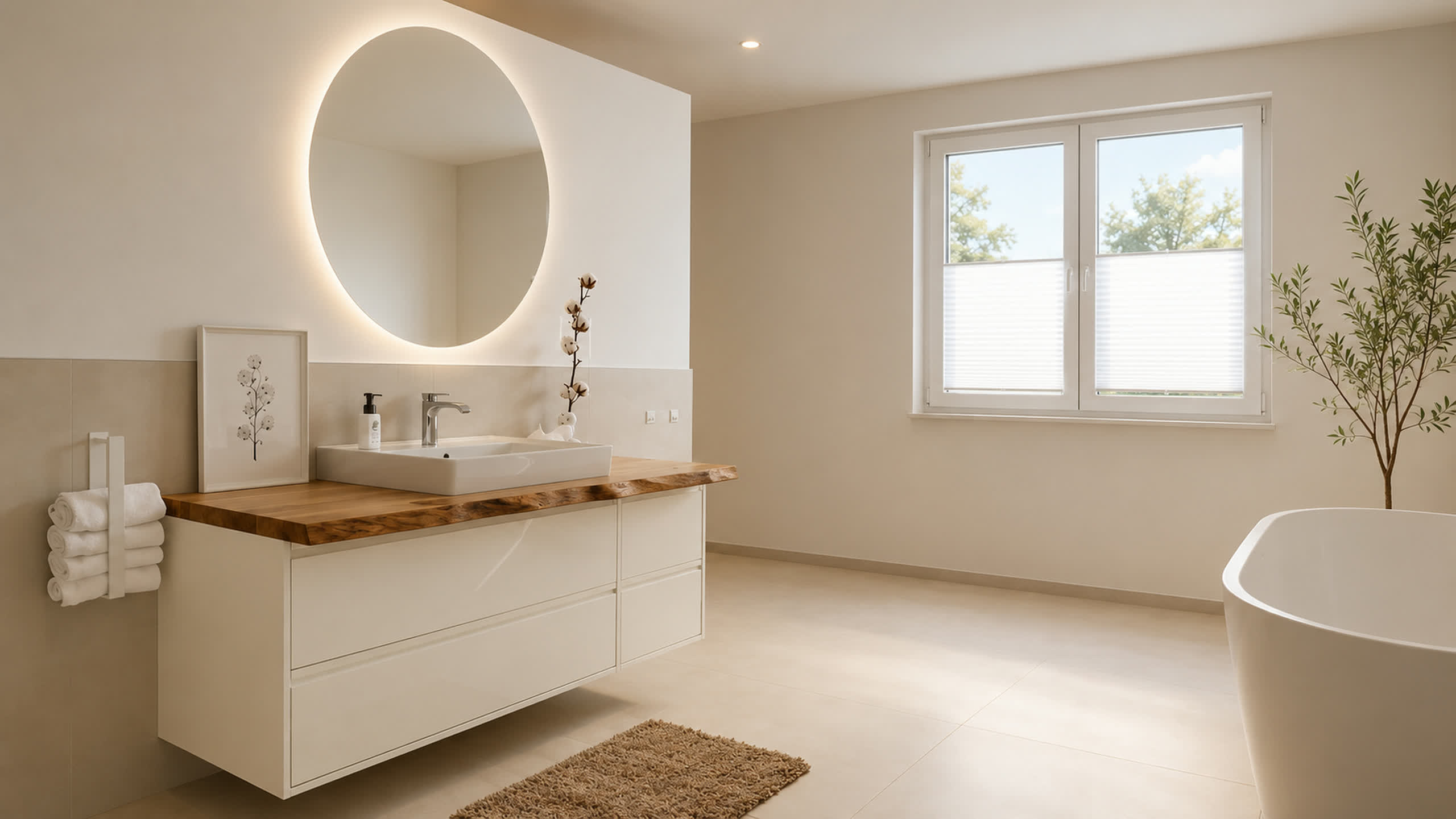 Helles Bad mit rundem Lichtspiegel, Holz-Waschtisch und Wanne
