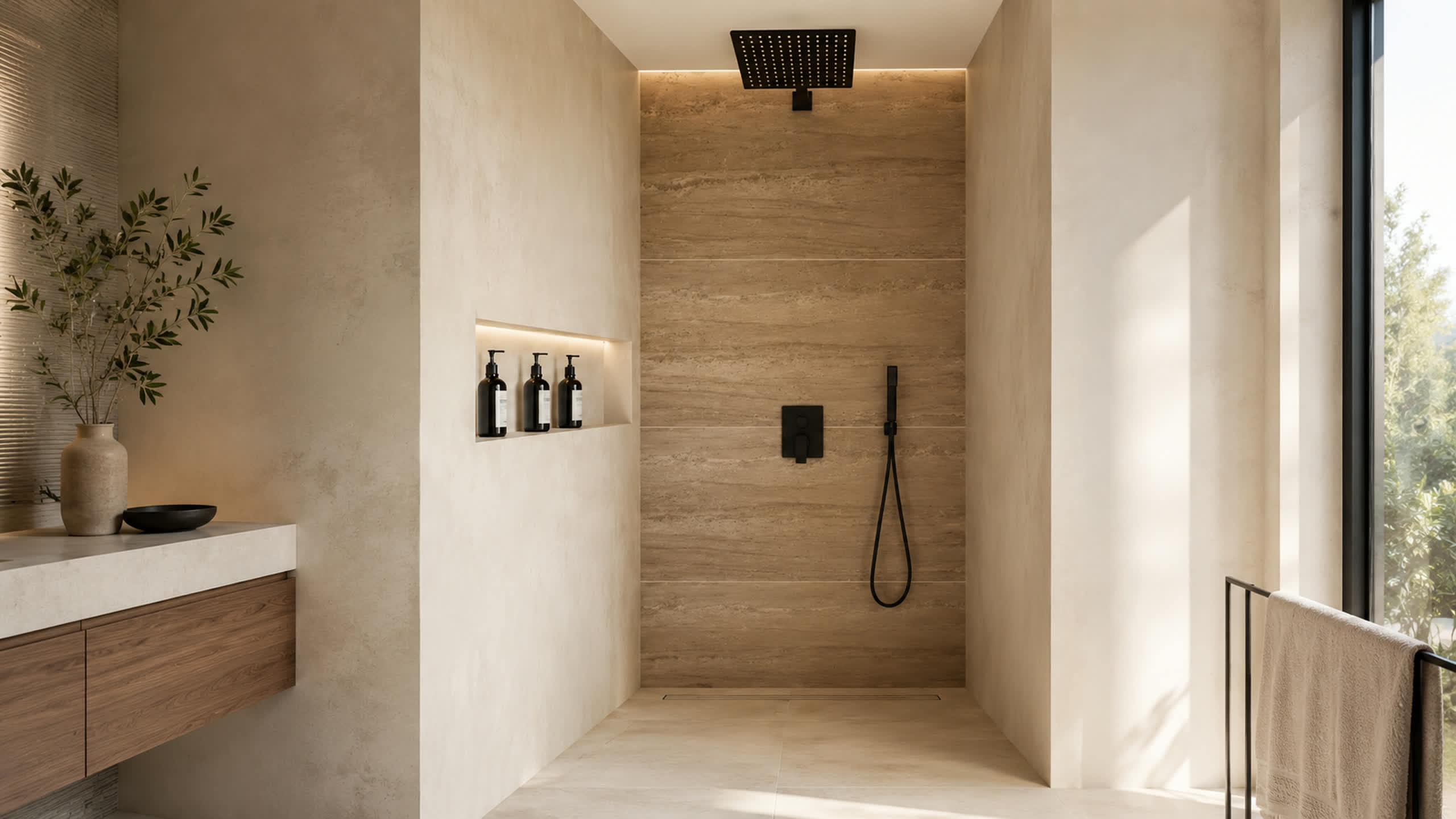 Bodengleiche Walk-in-Dusche mit Wand in Travertin-Optik